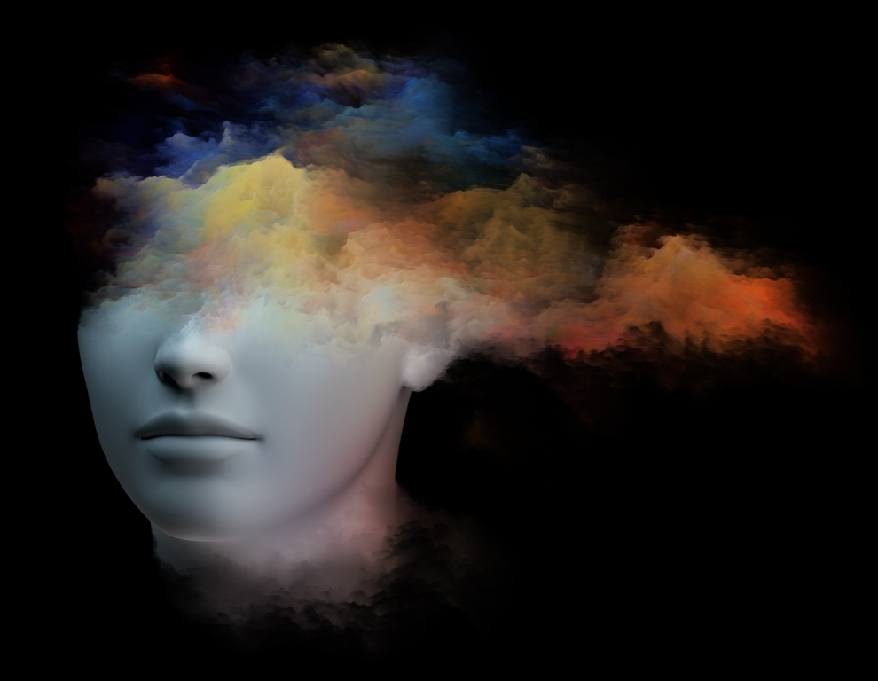 Kopf mit einer farbigen Wolke
